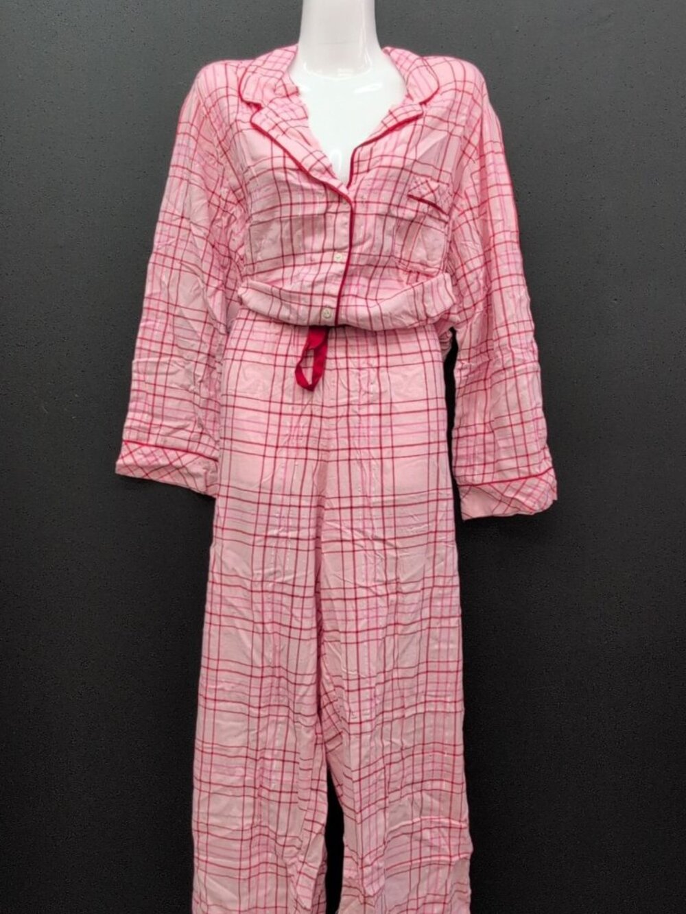 Victoria Secret Flannel Long Sleeves Top Plaid Pajama Set Large Pink